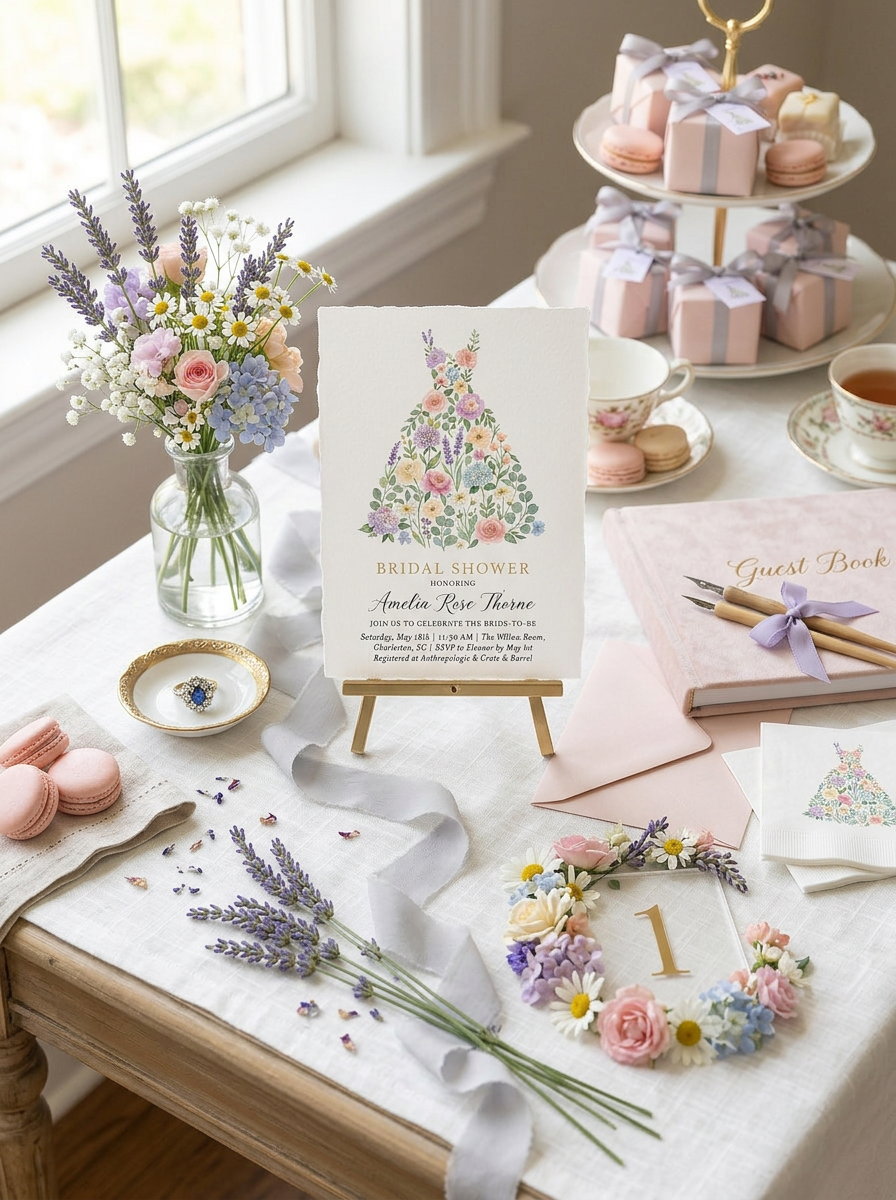 Wildflower Bridal shower invitation, Boho Floral Dress Invitation-1