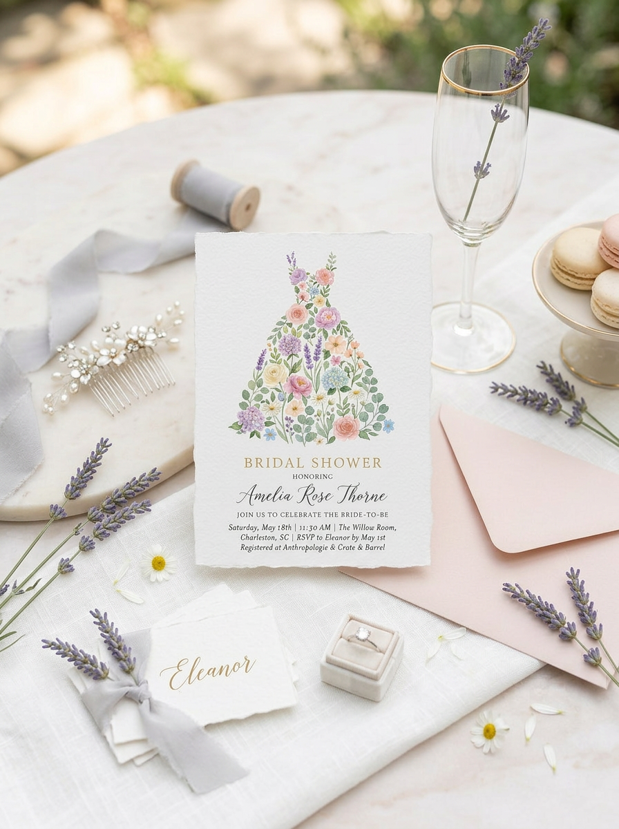 Wildflower Bridal shower invitation, Boho Floral Dress Invitation-1