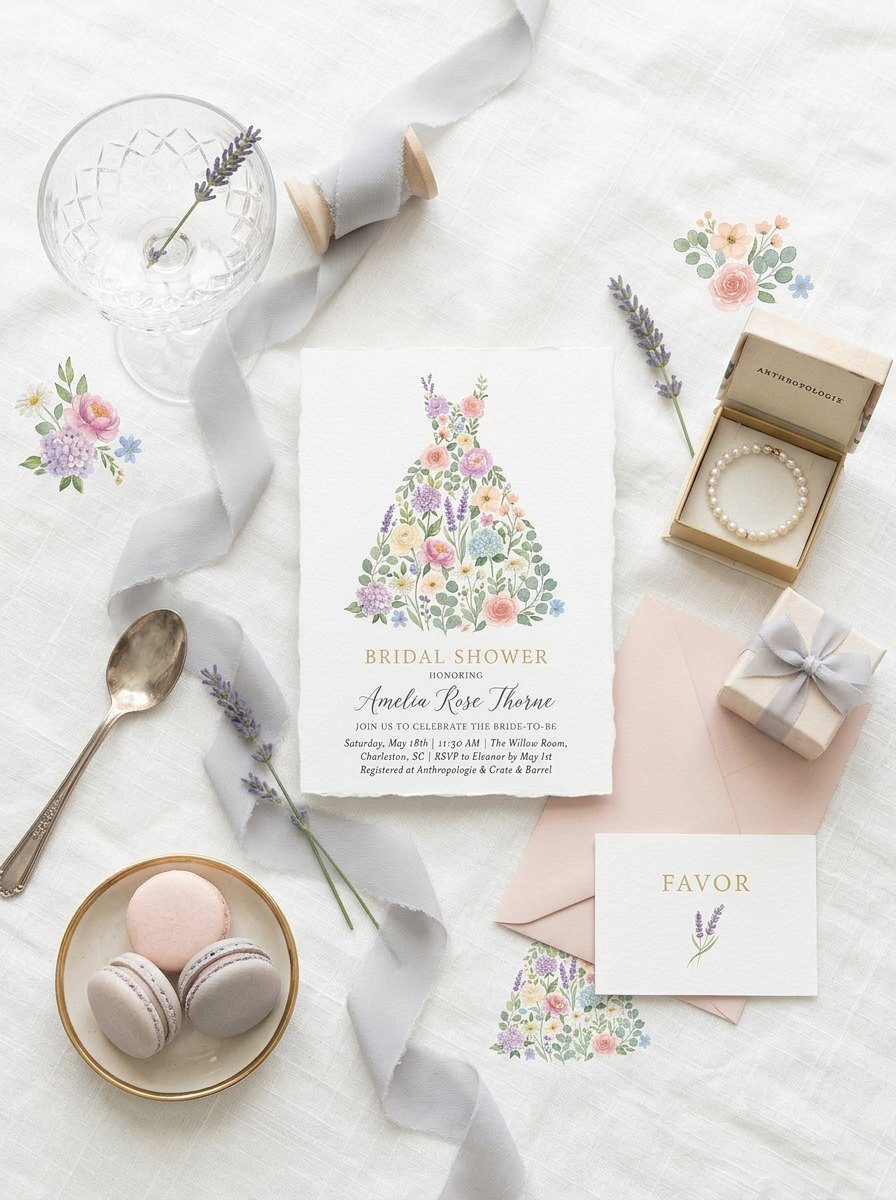 Wildflower Bridal shower invitation, Boho Floral Dress Invitation-1