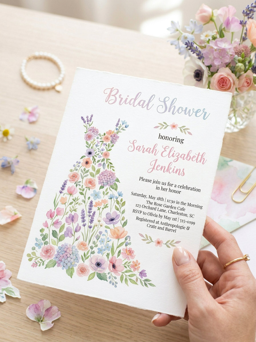 Wildflower Bridal shower invitation, Boho Floral Dress Invitation-2