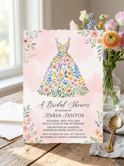 Wildflower Bridal shower invitation, Boho Floral Dress Invitation-3