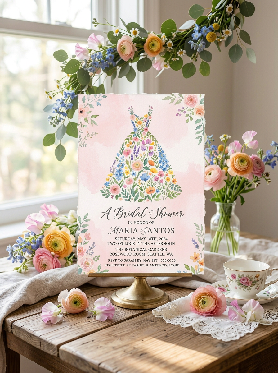 Wildflower Bridal shower invitation, Boho Floral Dress Invitation-3