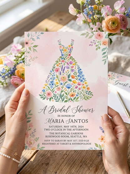 Wildflower Bridal shower invitation, Boho Floral Dress Invitation-3