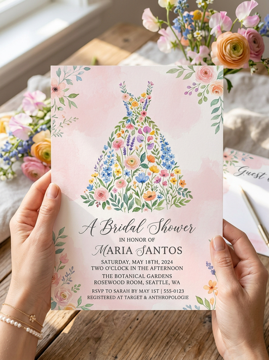 Wildflower Bridal shower invitation, Boho Floral Dress Invitation-3