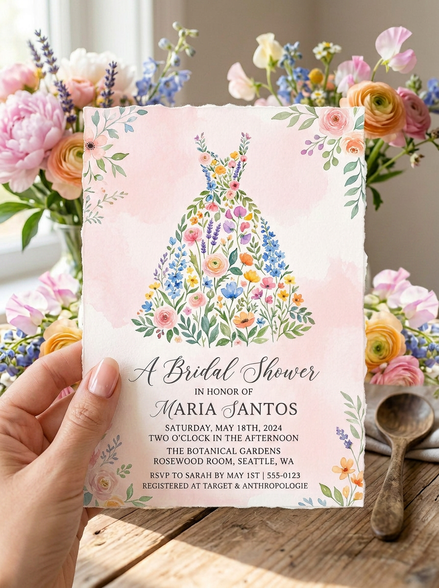 Wildflower Bridal shower invitation, Boho Floral Dress Invitation-3