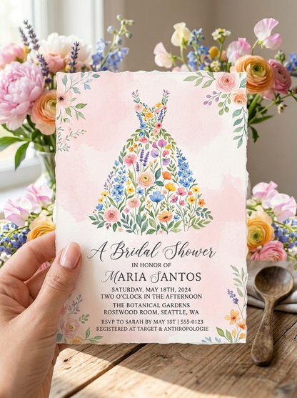 Wildflower Bridal shower invitation, Boho Floral Dress Invitation-3