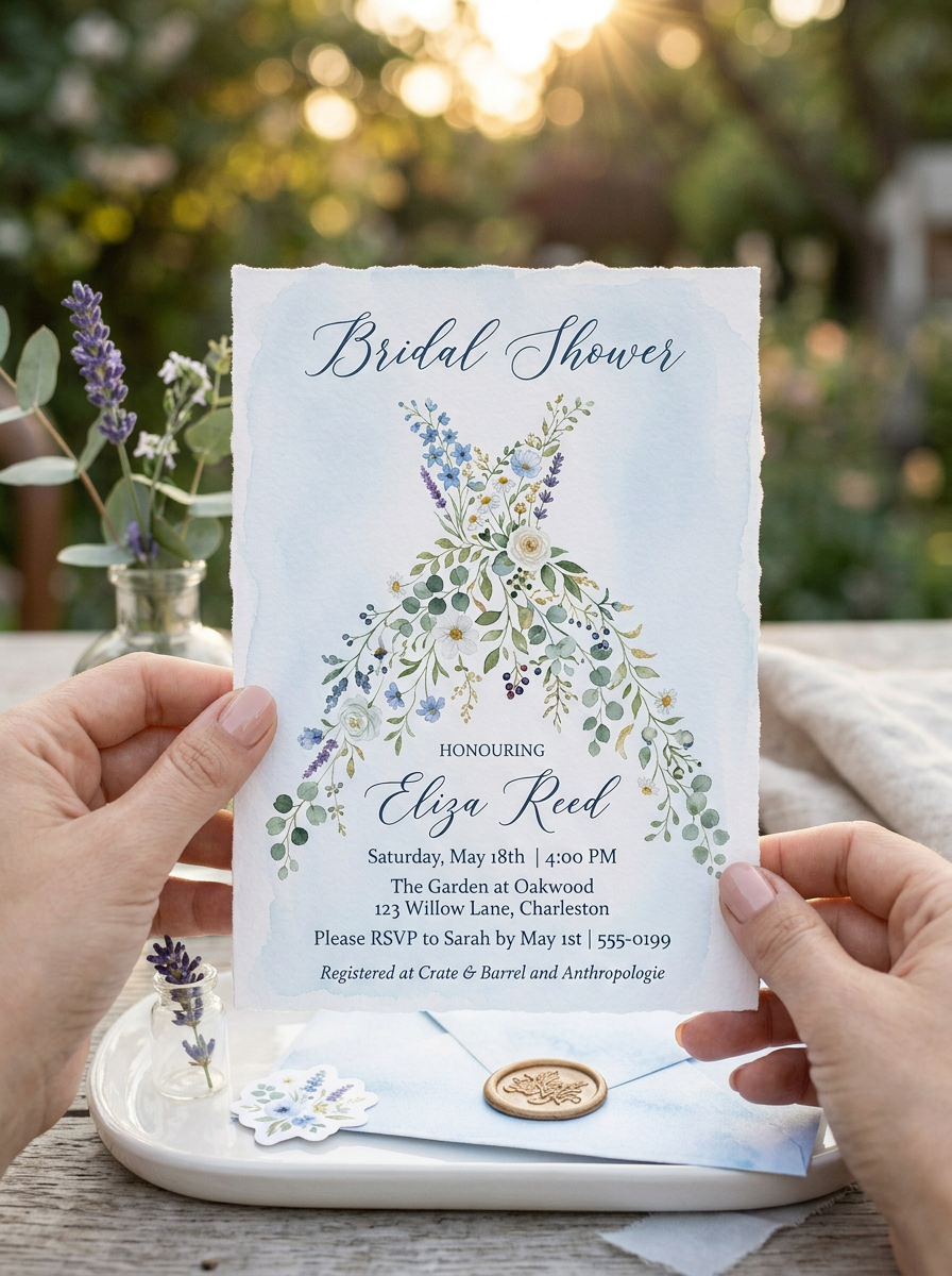 Wildflower Bridal shower invitation, Boho Floral Dress Invitation Dusty Blue