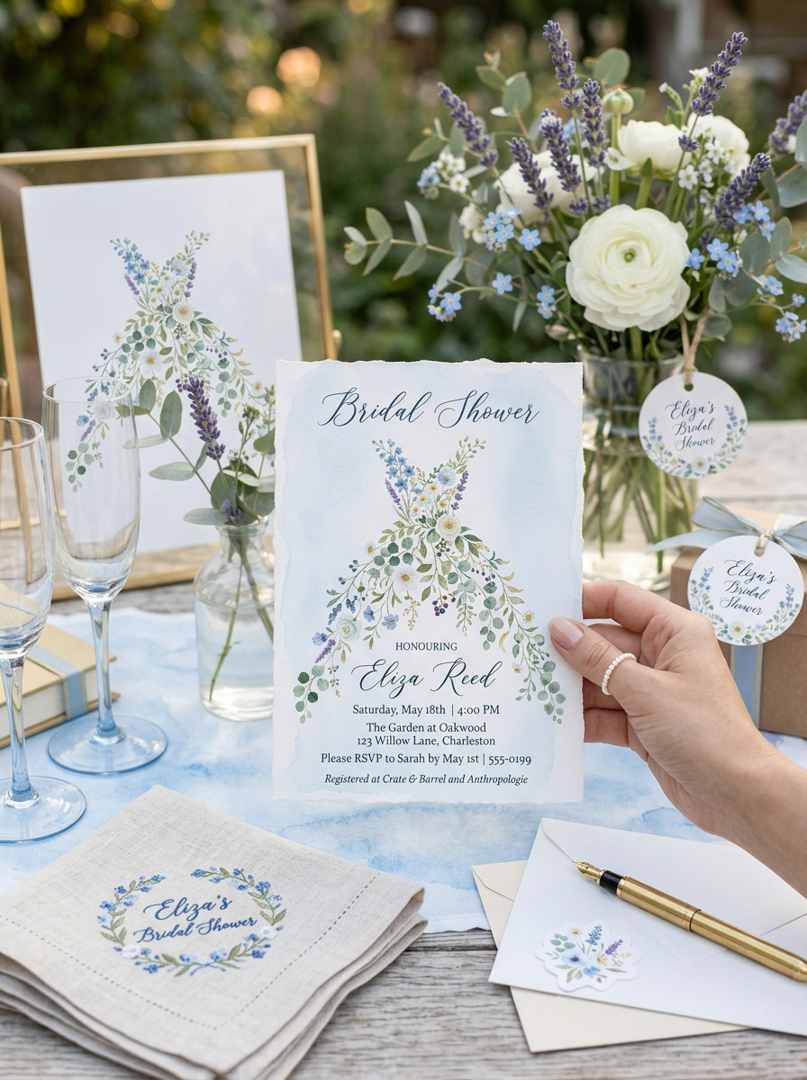 Wildflower Bridal shower invitation, Boho Floral Dress Invitation Dusty Blue
