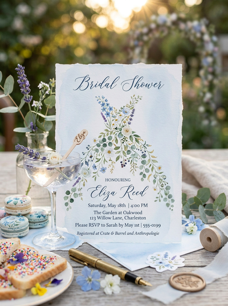Wildflower Bridal shower invitation, Boho Floral Dress Invitation Dusty Blue