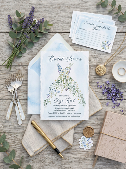 Wildflower Bridal shower invitation, Boho Floral Dress Invitation Dusty Blue