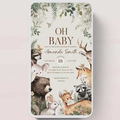 Animated Woodland Baby Shower Invitation, Boy Woodland Baby Shower Invite, Woodland Animals Baby Shower, Greenery Boho invitation Woodland-4