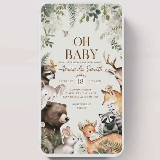 Animated Woodland Baby Shower Invitation, Boy Woodland Baby Shower Invite, Woodland Animals Baby Shower, Greenery Boho invitation Woodland-4