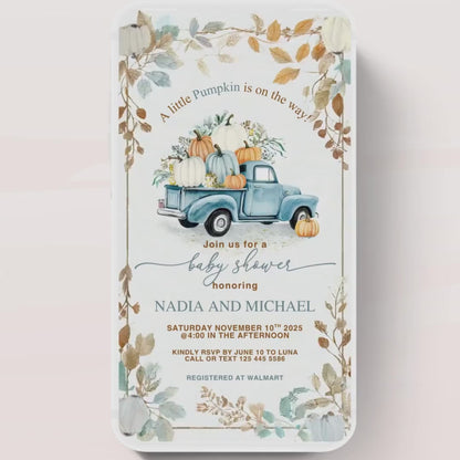 Video Fall Baby Shower Invitation Little Pumpkin Baby Shower Invitation Autumn Baby Shower Fall Hello Baby Shower pumpkin truck -5
