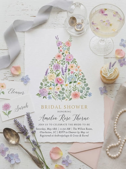 Wildflower Bridal shower invitation, Boho Floral Dress Invitation-1