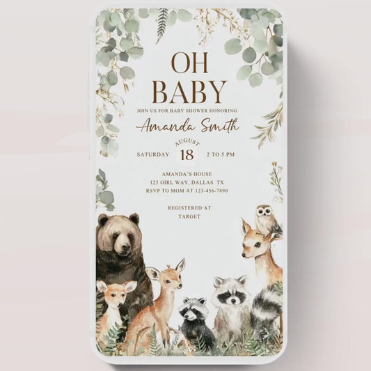 Animated Woodland Baby Shower Invitation, Boy Woodland Baby Shower Invite, Woodland Animals Baby Shower, Greenery Boho invitation Woodland-5