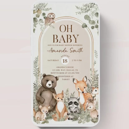 Animated Woodland Baby Shower Invitation, Boy Woodland Baby Shower Invite, Woodland Animals Baby Shower, Greenery Boho invitation Woodland-3